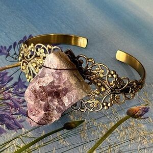 Genuine Amethyst Quartz Crystal Cuff Bracelet - Handcrafted